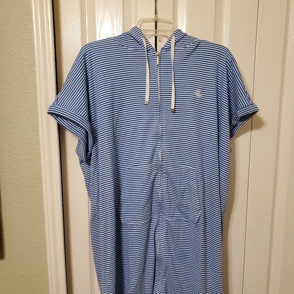 Ralph Lauren Women's Short-Sleeve Blue and White Striped Zip-Up Hoodie dress